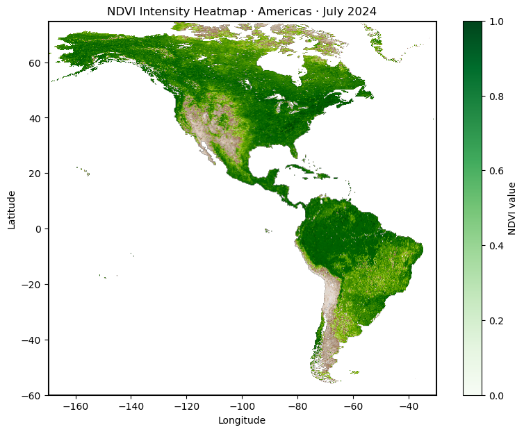 MODIS NDVI heatmap of the Americas, July 2024